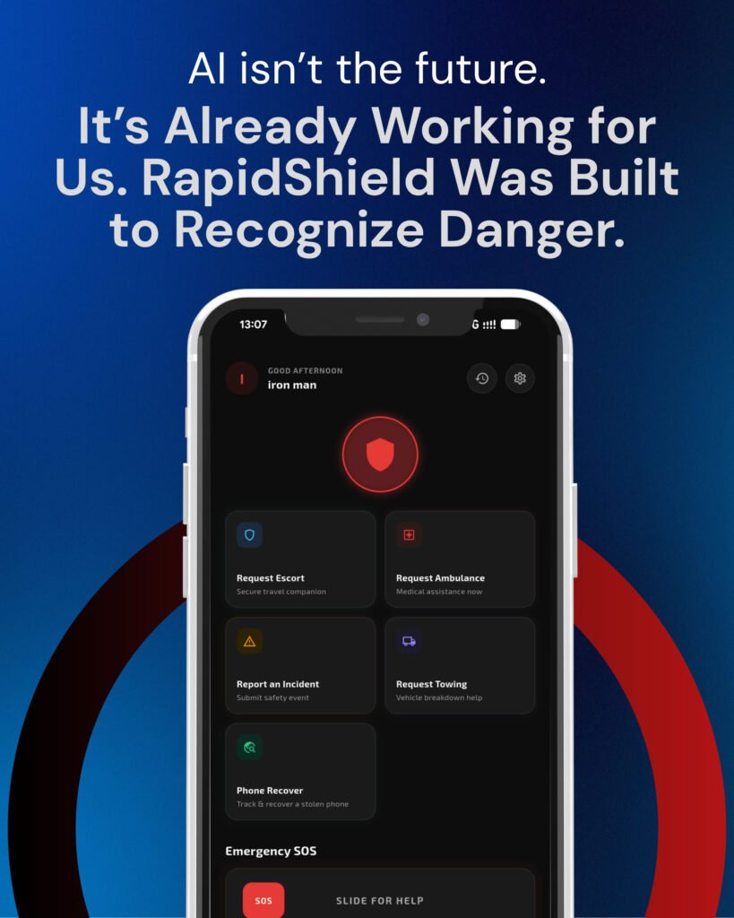 The RapidShield emergency response app interface on a mobile phone